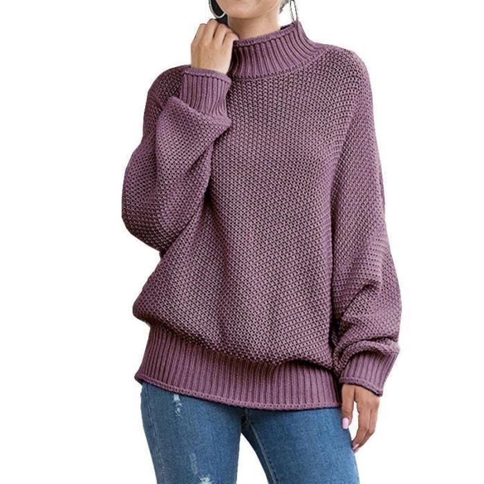 Pull Femme Col Roulé Tricoté Automne Hiver Chaud Hauts Lâche Manches Longues Couleur Unie - Violet