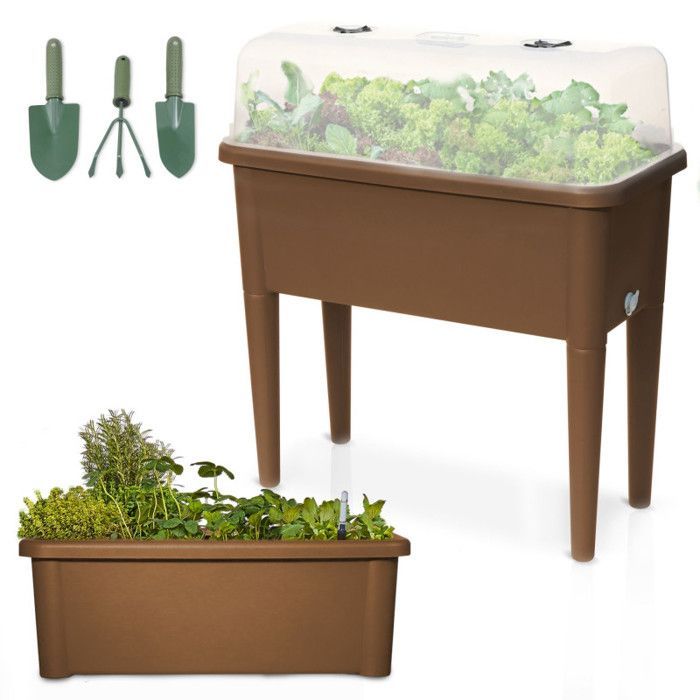 Canteiro elevado para jardim com pés de plástico marrom e tampa, 76x66x37cm