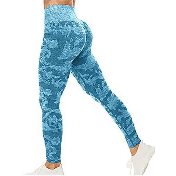 Leggings de sport sans coutures camouflage pour femme, taille haute, gainants, pour le yoga et la gym, bleu royal, taille L.