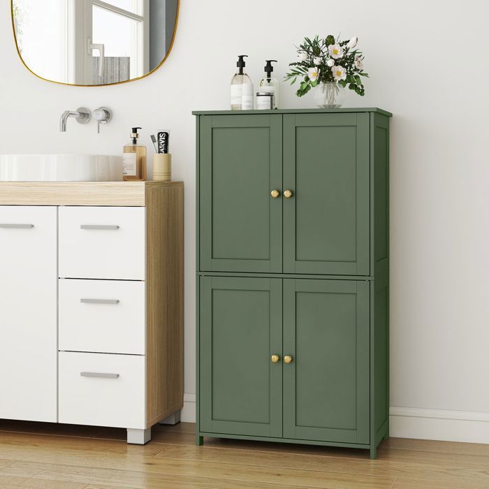Armoire de Salle de bain avec 4 Portes, 60 x 30 x 108.5 cm, Meuble de Rangement,Placard de Cuisine,2 Étagères Réglables, Vert