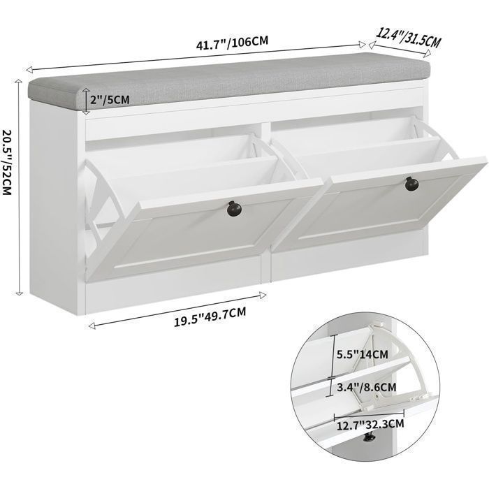 Meuble à Chaussures - VOWNER -Meuble d'entrée Rangement pour Chaussures - Banc de Rangement à Chaussures - 105 x 31 x 52 cm - Blanc