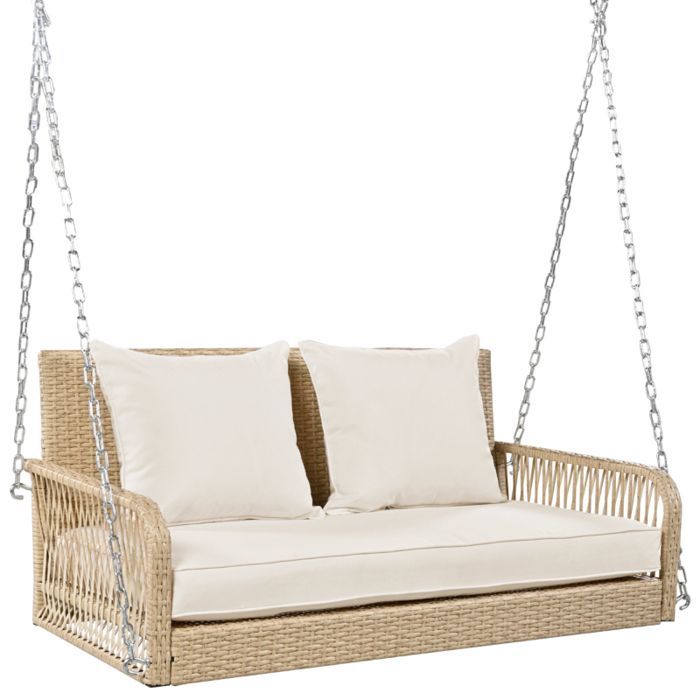 Columpio de jardín LANGTU de 2 plazas - Poliratán beige - Cojines de 11 cm - Cadenas resistentes