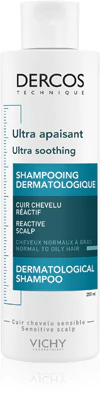 Shampoo calmante Vichy Dercos Ultra Soothing para cabelos normais, oleosos e couro cabeludo sensível.