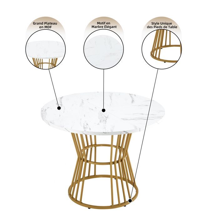 Mesa de cozinha - Mármore moderno - Pés de metal dourado - Diâmetro 100 cm - Design contemporâneo