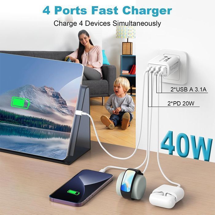 Cargador USB-C, 40 W, 4 puertos USB-C, bloque de carga rápida PD+QC de doble puerto, cargador multipuerto tipo C compatible con iPhone - TOPESCT