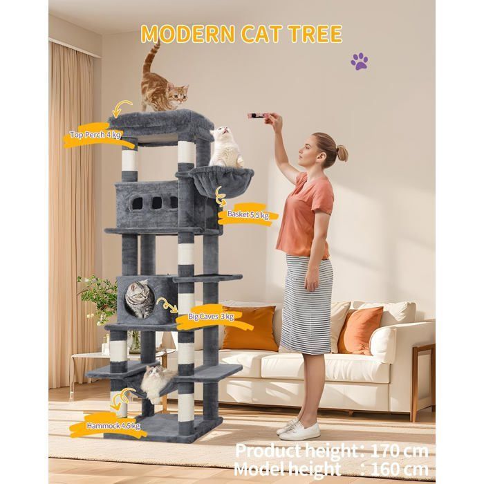 170cm Large Cat Tree, Cat Tower for Indoor Cats, with Large Perch, Washable Mat, 2 Cat Caves, Dark Grey