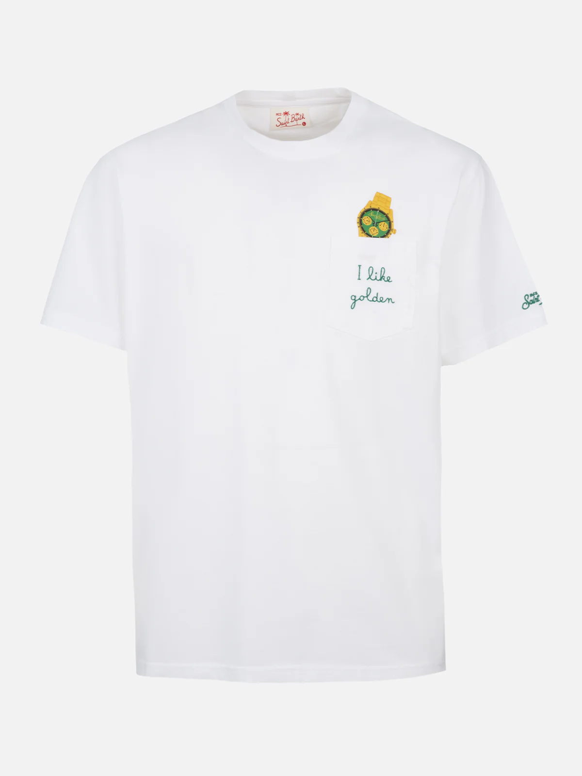 Austin T-shirt voor heren | Wit katoenen jersey met geborduurd horloge-opdruk | Saint Barth-logo | Trompe-l'oeil-design | Klassieke pasvorm | MC2 Saint Barth