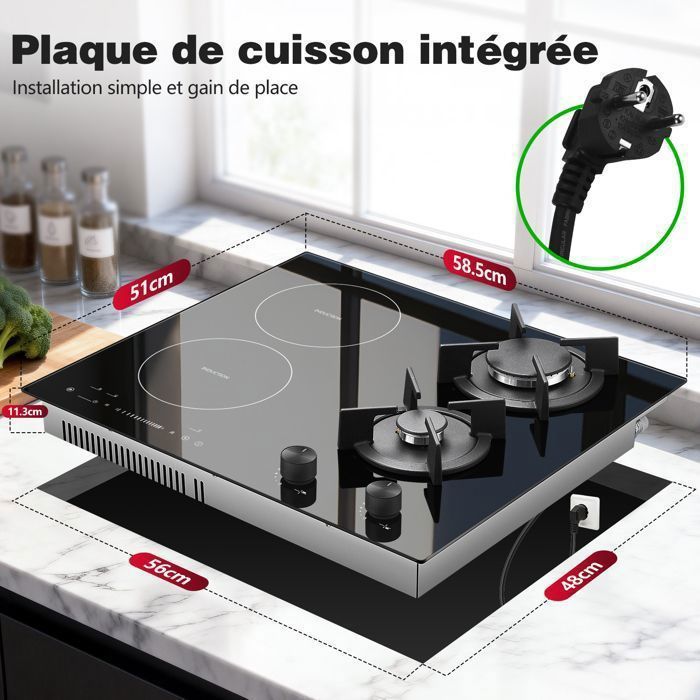 Gas and induction combination hob, 59 cm wide, 3400 W gas with wok burner, 2500 W induction, built-in black glass, natural gas/LPG