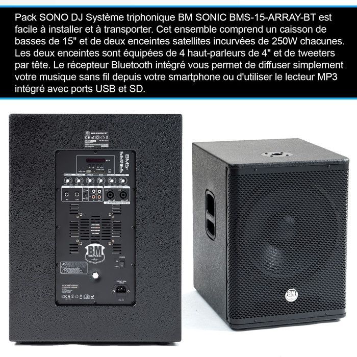 Sistema audio DJ completo da 1200 W BM SONIC BMS-15-ARRAY-BT, include subwoofer da 38 cm, altoparlanti satellite con USB/Bluetooth, supporti per cavi e effetto luce.