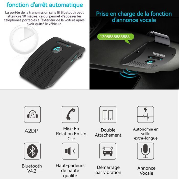 Kit mains libres pour voiture - INNOVTEC - 10x6x2.1cm - main libre voiture bluetooth - haut-parleur micro intégré avec clip