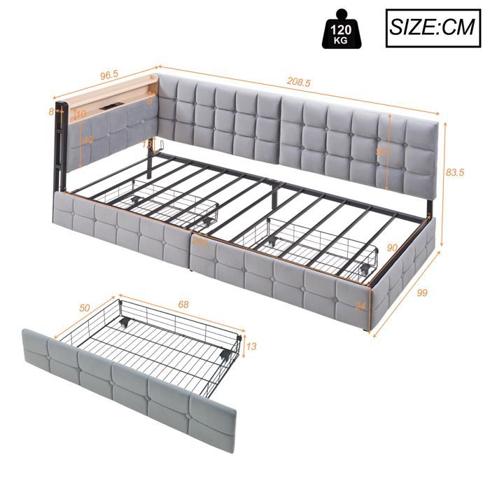 Grijze gestoffeerde slaapbank met ledverlichting, lades en USB/Type-C-aansluitingen.