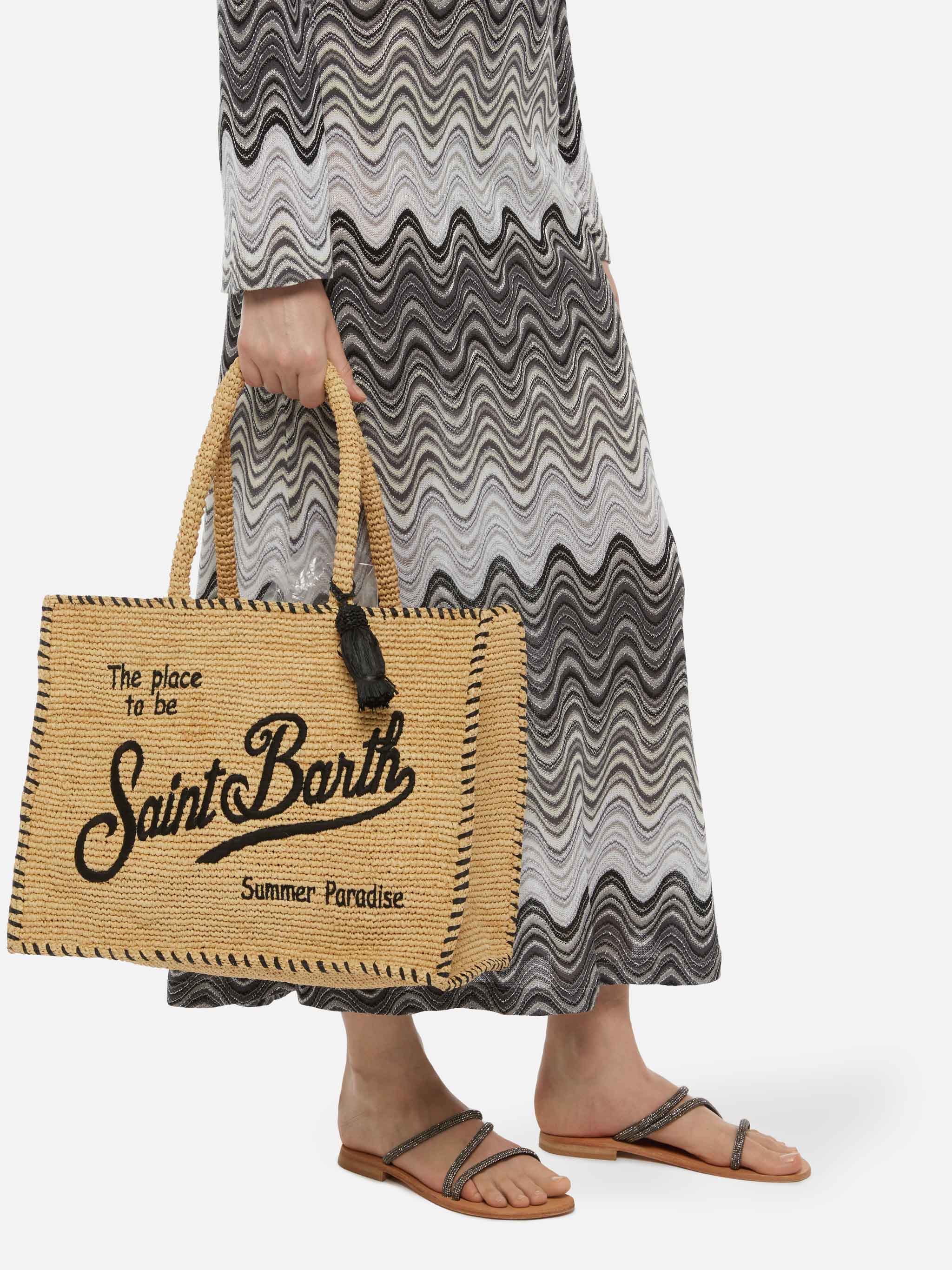 Vanity Rafia Schultertasche in Beige mit schwarzem Besatz