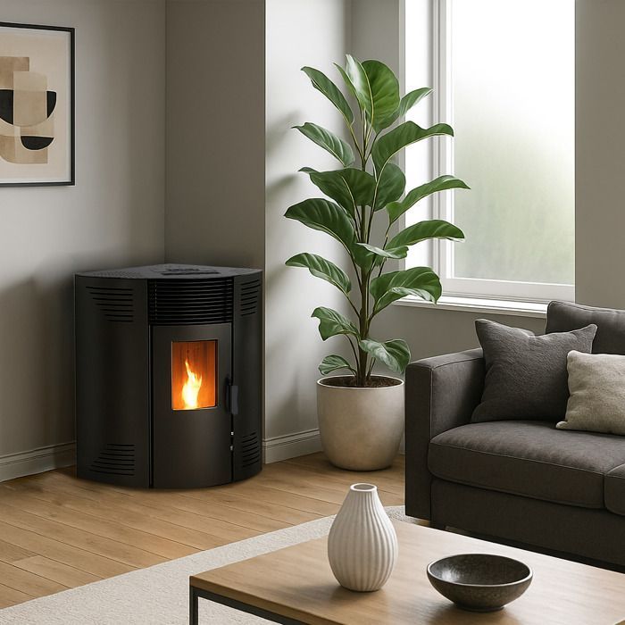 Estufa de pellets de esquina sellada Sannover Iseos de 12,2 kW, color negro
