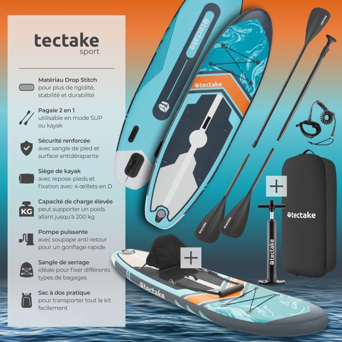Stand-up paddleboard - TECTAKE - 2-i-1 oppusteligt paddleboard, komplet sæt i drop-stitch-konstruktion, 3 finner - turkisorange