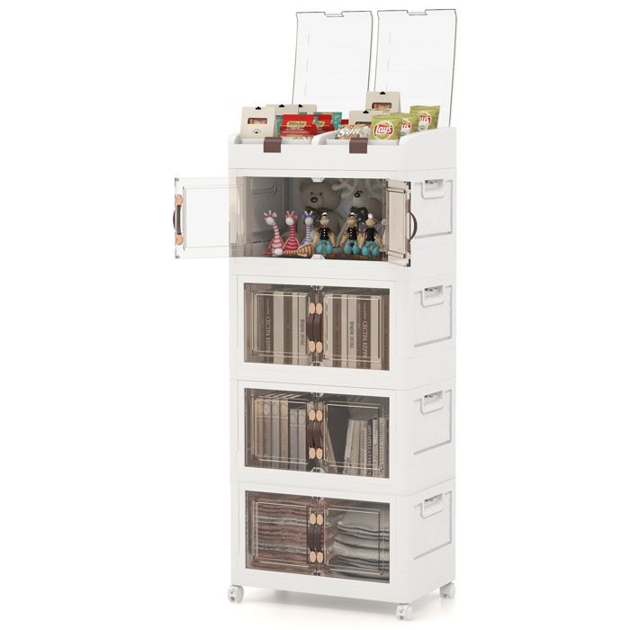 GIANTEX 210L Plastic Storage Box with Wheels - 4 Foldable and Stackable Crates with Doors - 2 Compartments with Lids