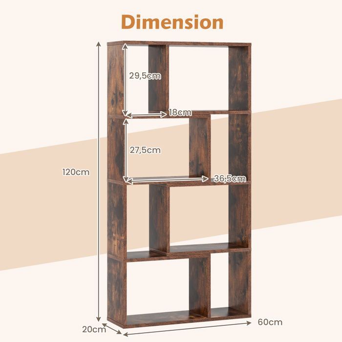 COSTWAY Bibliothèque Géométrique 120 cm à 4 Niveaux 8 Cubes, Etagère Ouverte de Rangement en Bois pour Salon Chambre Bureau, Marron