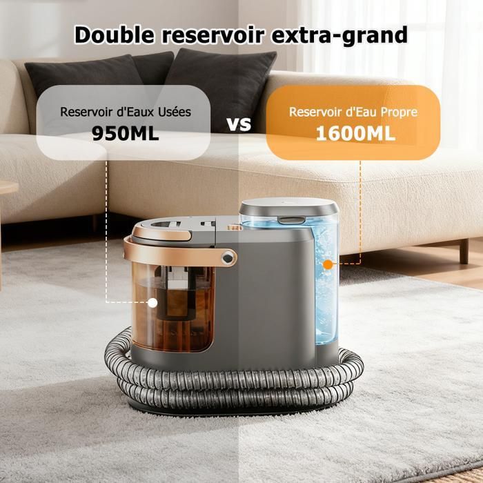Nettoyeur Vapeur Détacheur 1200W - Réservoir 1,6L/1,2L - Tuyau 1,6M / Cordon 4M - Nettoyeur Canapé Tissu Avec 9 Accessoires,Gris