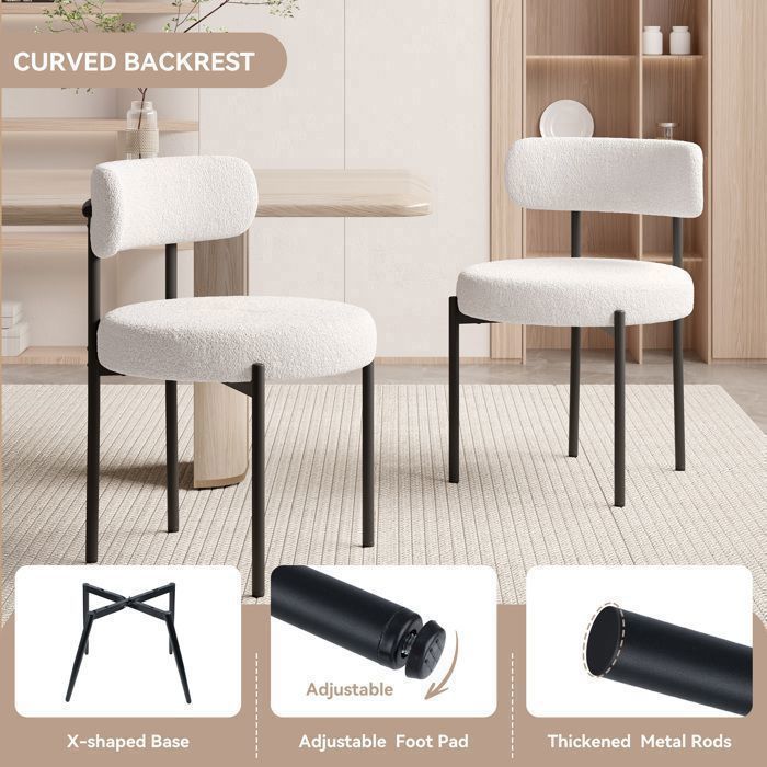 Juego de 2 sillas de comedor BatonY, sillas de cocina de tela Teddy, sillas acolchadas para comedor y sala de estar, color blanco.