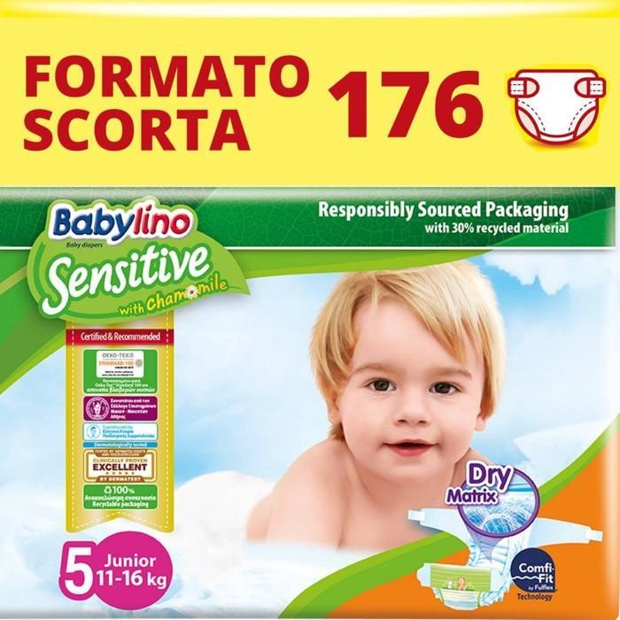 Couches Babylino Sensitive Taille 5 11-16 kg, paquet de 176 couches