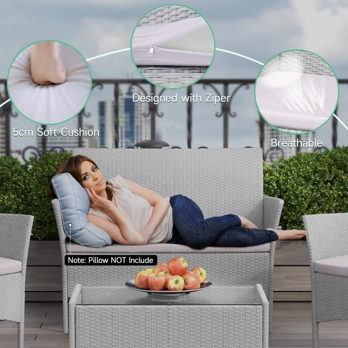 Set di mobili da giardino | Resina effetto vimini | 4 persone | con 2 poltrone, 1 divano e 1 tavolo | Grigio