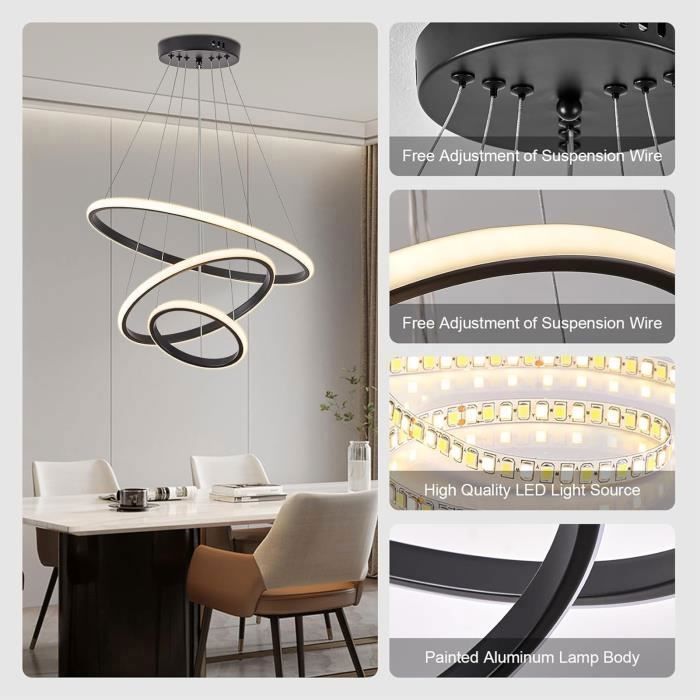 Lámpara colgante LED moderna DELIPOP, 3 anillos, negra, lámpara de techo regulable con mando a distancia para salón y comedor - Ø20+40+60cm