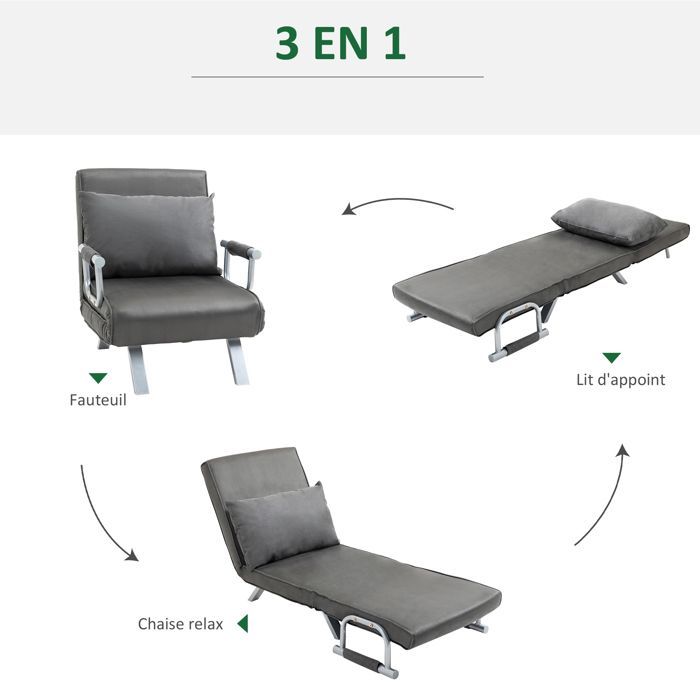 Sofá-cama com colchão - HOMCOM - poltrona dobrável conversível com encosto e almofada ajustáveis - metal e camurça - cinza