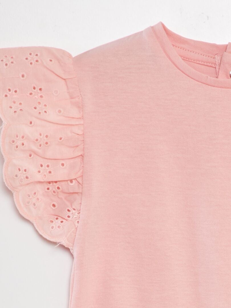 T-shirt met mouwen en Engelse borduursteken - ROZE