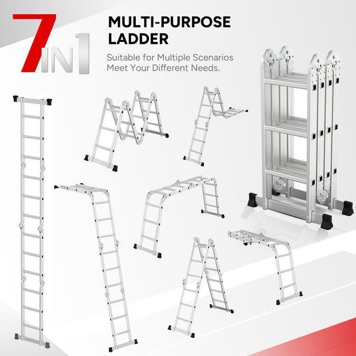 Escalera multifuncional OUTIGO, 7 en 1, plegable, de aluminio, con 2 ruedas, carga máxima 150 kg, 12 peldaños.