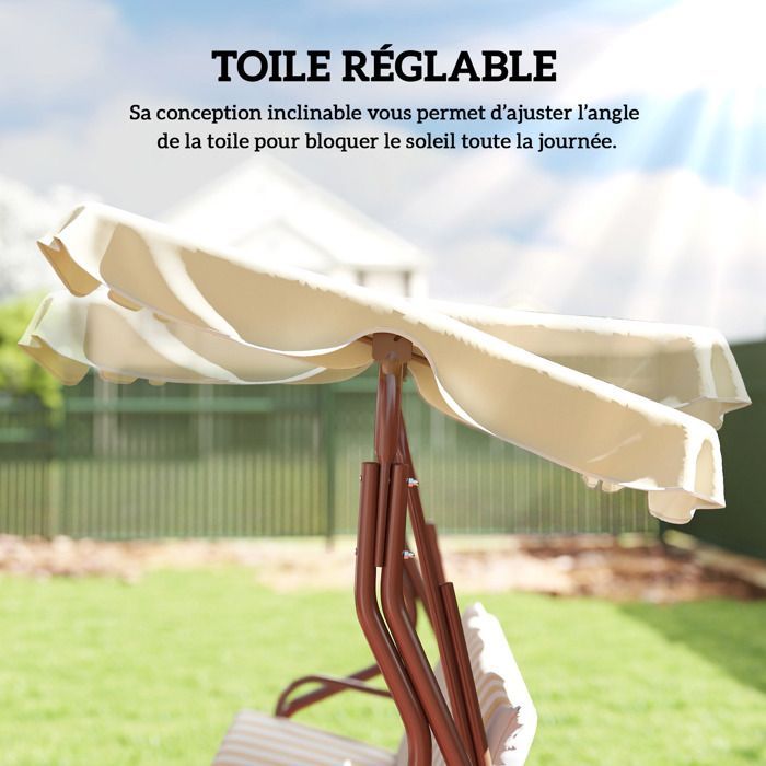 Columpio de jardín Outsunny - 3 plazas - Toldo impermeable - Inclinación ajustable - Cojines para asiento y respaldo - Rayas marrones y crema