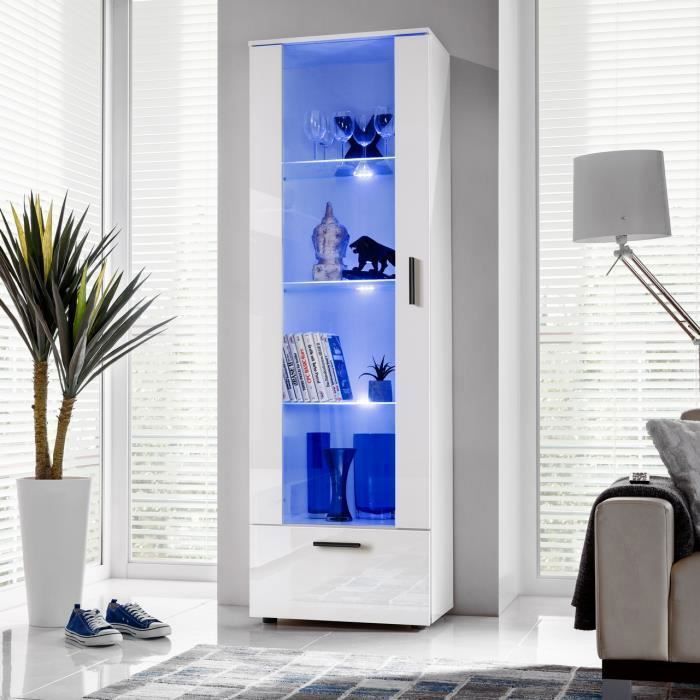 Vitrine Alessandria Komodee - LEDs Azuis - Branco Brilhante e Branco - Frentes Brilhantes - 60 x 192 x 42 cm