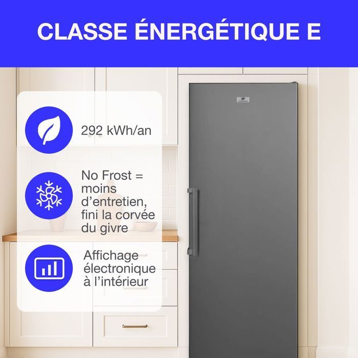 Staande vriezer 406L - Total No Frost - automatische ontdooiing - Energieklasse E - B70 cm x H191 cm x D75,5 cm - Roestvrij staal