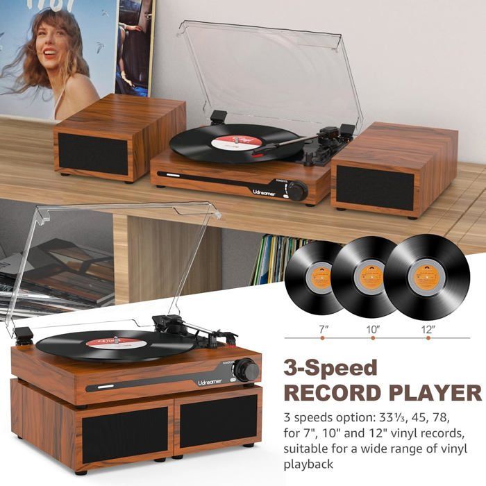 Giradischi vintage Bluetooth, 3 velocità, altoparlanti stereo, uscita RCA e Aux-In, portatile, arresto automatico