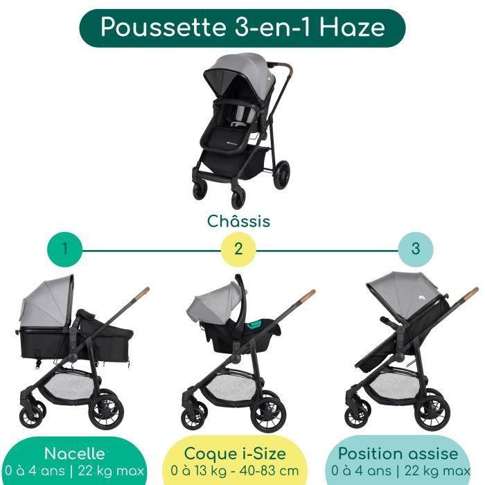 BEBECONFORT HAZE Poussette 3 en 1, Assise transformable en nacelle + siège auto i-Size + habillage pluie, 0-22kg, Tinted Gray