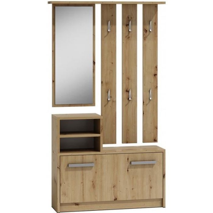 VITTORIA - Mueble de entrada contemporáneo con 6 ganchos + espejo + espacio para guardar zapatos 180x85x24 - Perchero - Roble