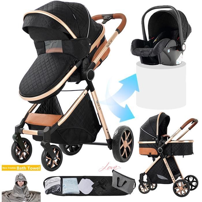 Poussette 3 en 1 MagicZC pour nouveau-né, pliable et inclinable, avec siège auto, cadeau surprise, 0-3 ans, noir et doré