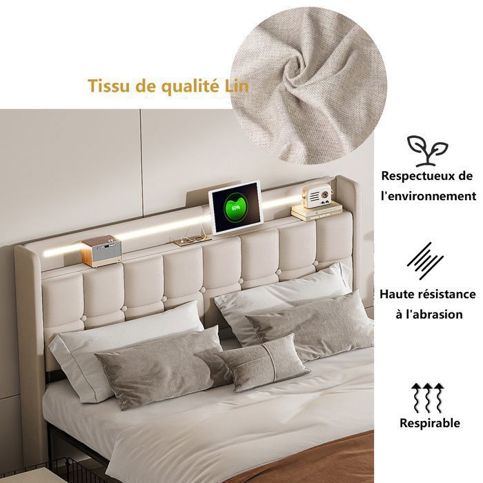 Cama doble LUMINARIX de 180x200 cm - Beige - LED y USB - 4 cajones - Diseño contemporáneo
