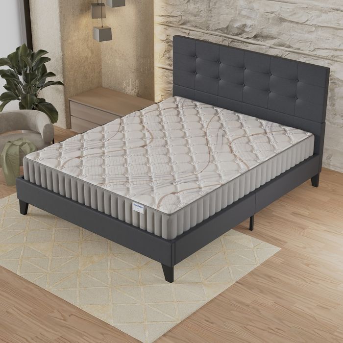 Colchón y cama (140x200cm) - Sirius 16cm Látex natural y espuma de alta densidad + Base de láminas estable y cabecero tapizado en negro