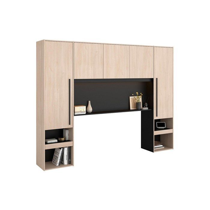Cama con cabecero y espacio de almacenamiento - Con luces LED - L265 cm - Colores: Natural y negro - VELONA