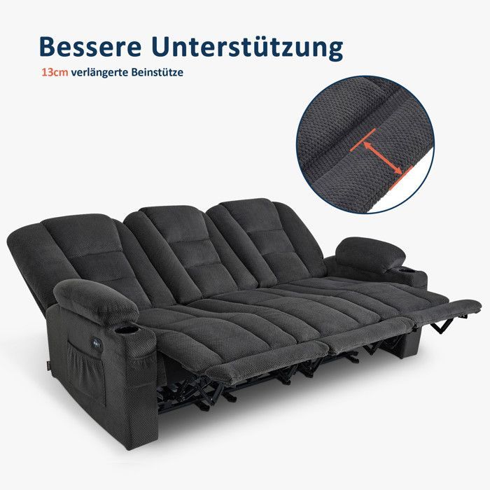 M MCombo Canapé électrique 3 places avec fonction sommeil, canapé relax 3 places avec bouton réglable à 150°,  7009 (gris)