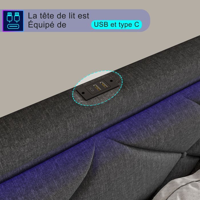 Lit double 160x200 cm avec 4 tiroirs, Lit rembourré tête de lit avec LED et chargement USB, Lin Style scandinave - Gris foncé