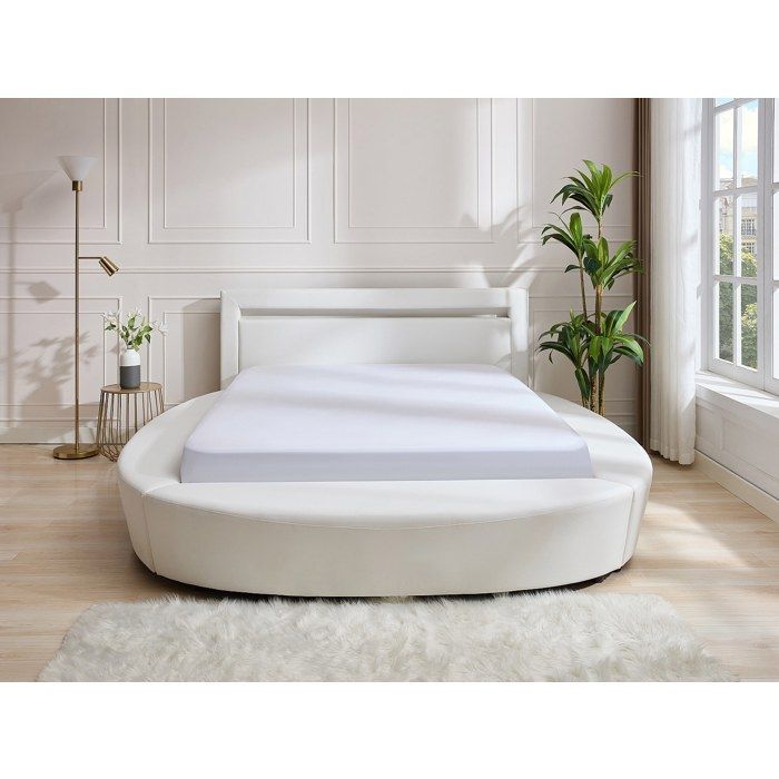 Cama redonda de 160 x 200 cm - Con luces LED - Piel sintética - Blanca + Colchón - ABULIS III