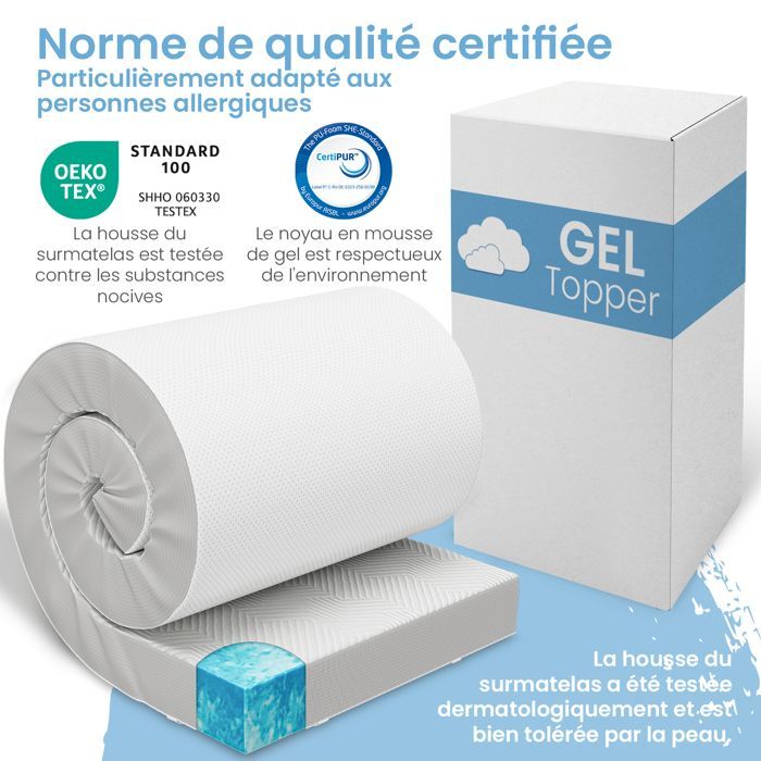 ELONEO Surmatelas Gel 180x200x 8cm, Mousse à mémoire de forme gel de 5 cm, housse respirante en maille 3D avec élastiques aux coins