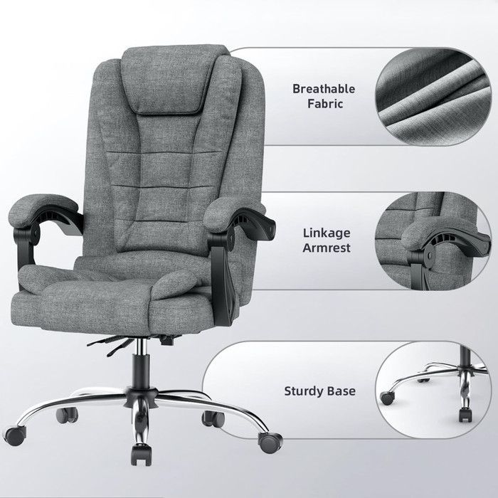 Silla de oficina BIGZZIA, sillón con asiento ancho acolchado, asiento ergonómico de tela de lino, altura ajustable 10 cm, gris oscuro.