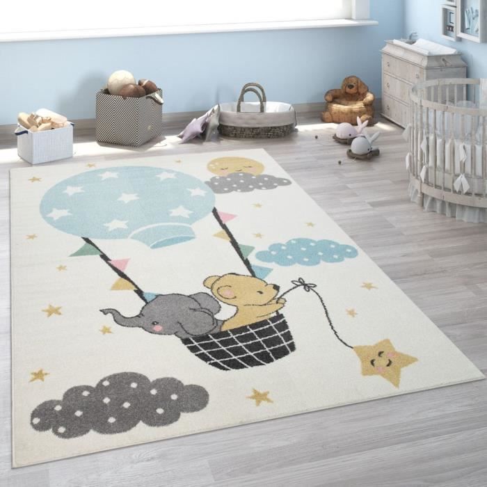 Tapis Pour Enfant, Poils Ras Pour Chambre D'Enfant, Éléphant, Ours, Montgolfière, Lune, Beige [80x150 cm]
