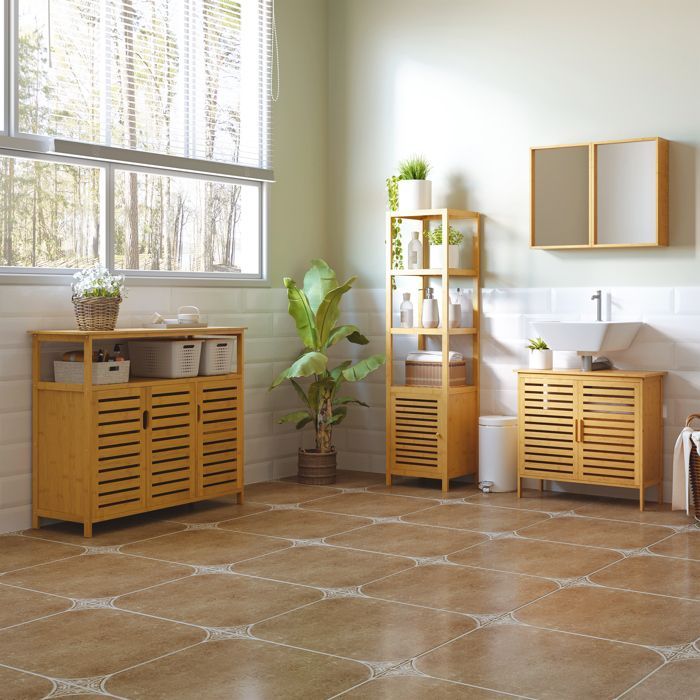 Meuble colonne rangement salle de bain - HOMCOM - 2 étagères 4 niveaux placard - bambou - 36x33x140cm - naturel