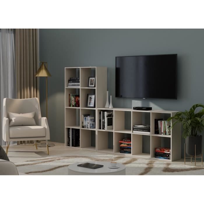 Étagère modulable 8 cubes - MARION - Bibliothèque 8 cases - 147x30x75 cm - Meuble de rangement - Beige