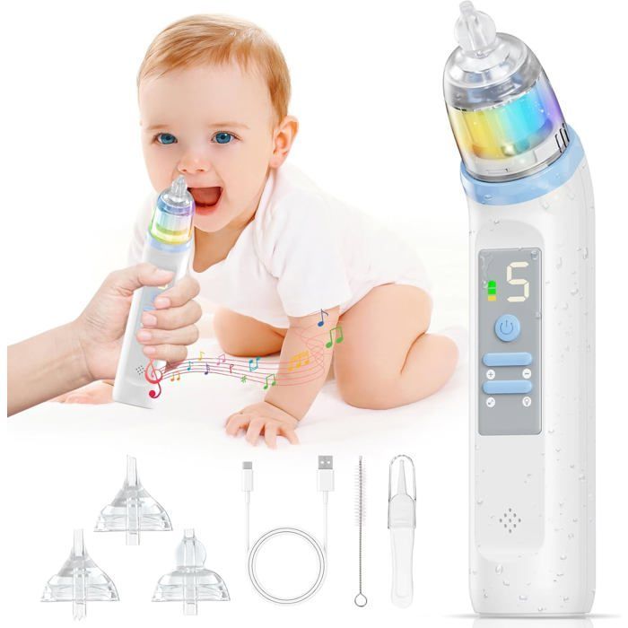 Aspirador nasal eléctrico para bebés, recargable IPX6, con 5 niveles de succión y 3 puntas de silicona.