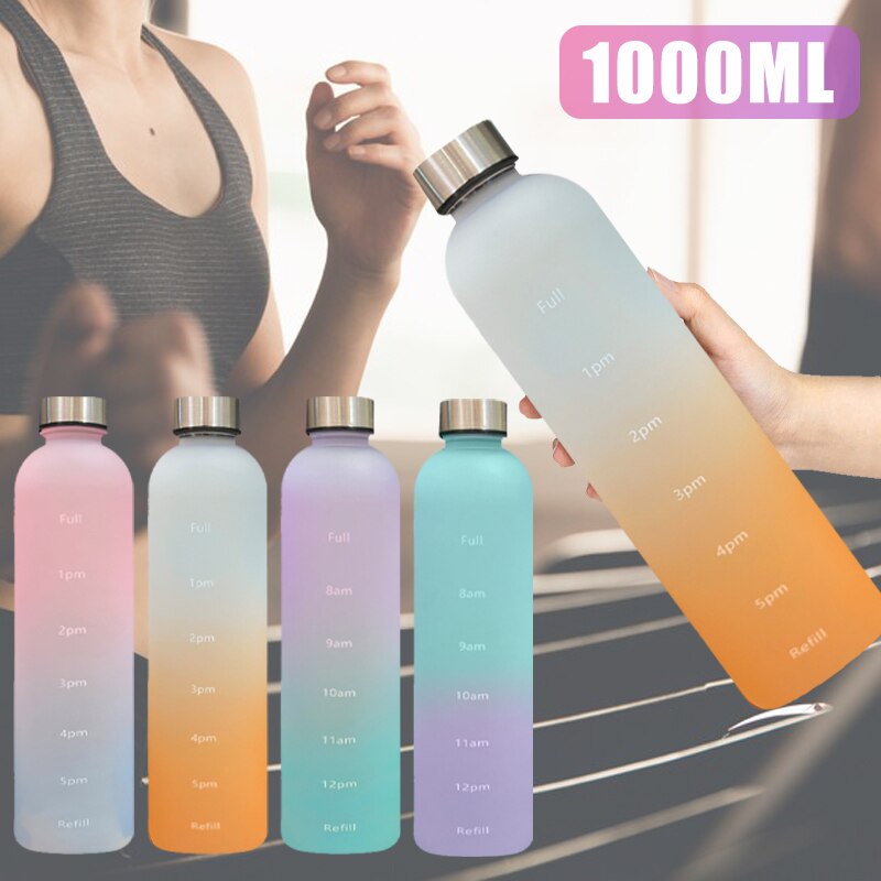 Butelka na wodę 1L z znacznikiem czasu, gradientowe matowe kubki plastikowe, motywacyjne, wielokrotnego użytku, fitness, sport, na zewnątrz, szczelne, bez BPA