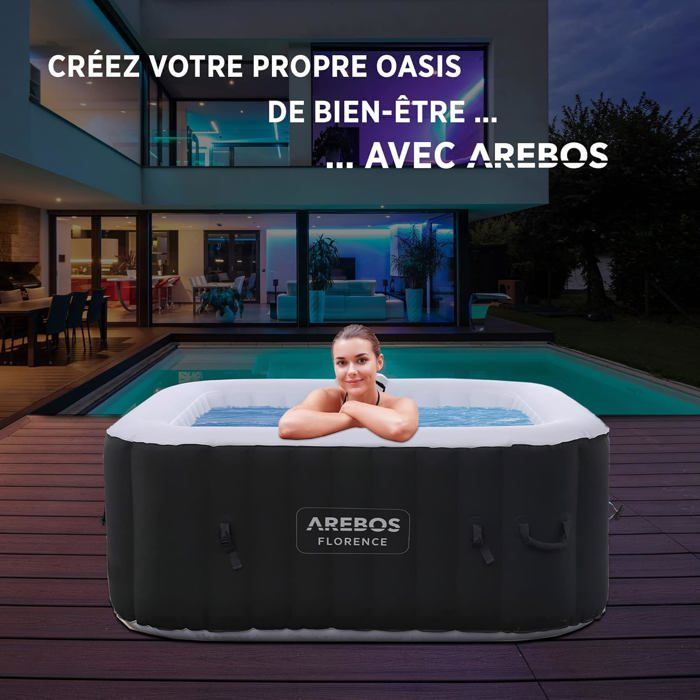 Spa hinchable AREBOS | Para uso interior y exterior | 4 personas | 154 x 154 cm | 100 chorros de masaje | Cuadrado | 600 litros