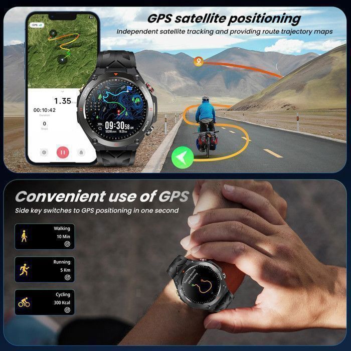 Men's Smartwatch with GPS, Sport Function, Calling, Compass, Barometric Altimeter, Heart Rate Monitor, 650mAh Battery, 3 Straps, Tactical Steel, Silicone